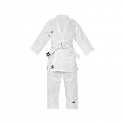 KARATEGI Adidas K150 Kumite bílá WKF schválený úplný přední pohled.