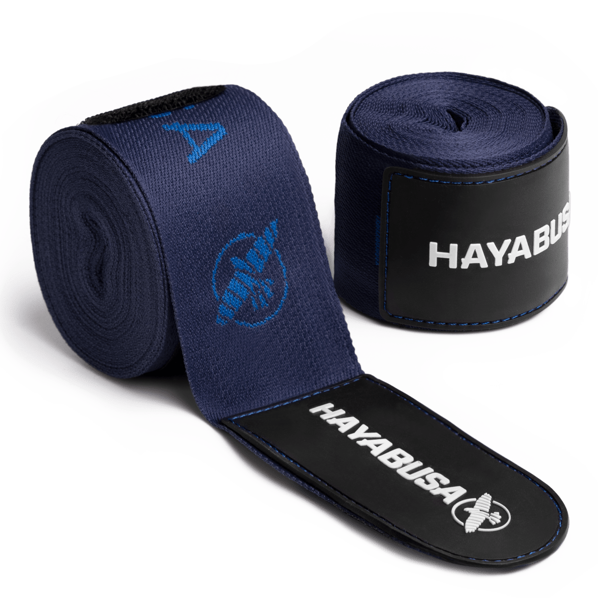 Par de bandagens de boxe Hayabusa Deluxe azuis enroladas com logotipo em destaque