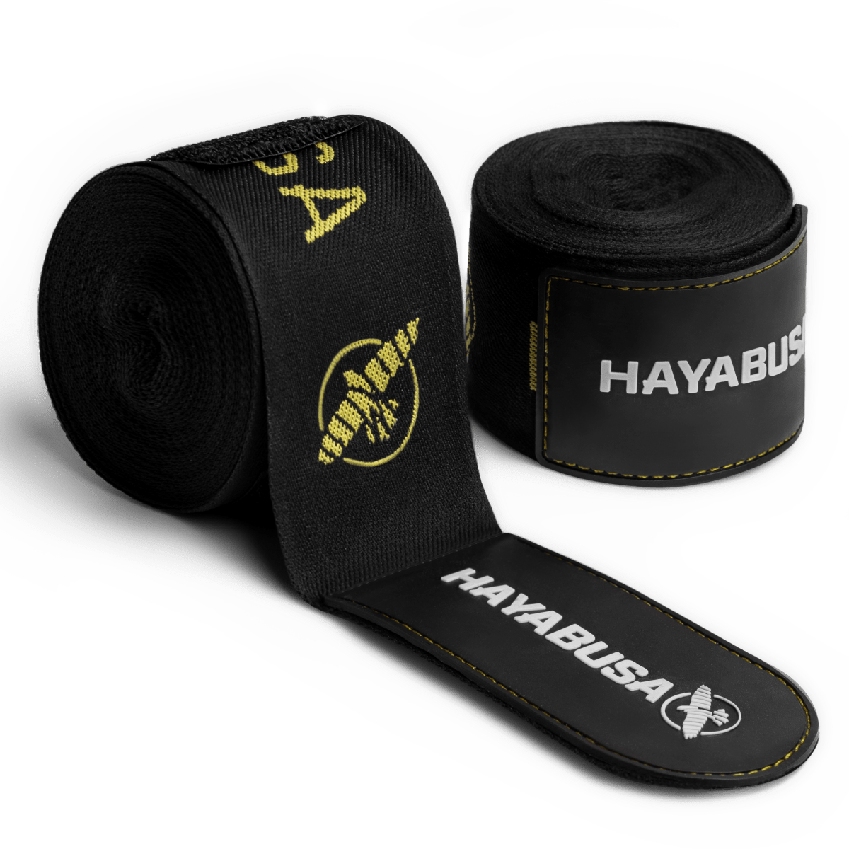 Par de bandagens de boxe Hayabusa Deluxe pretas com detalhes e logotipos dourados laminados