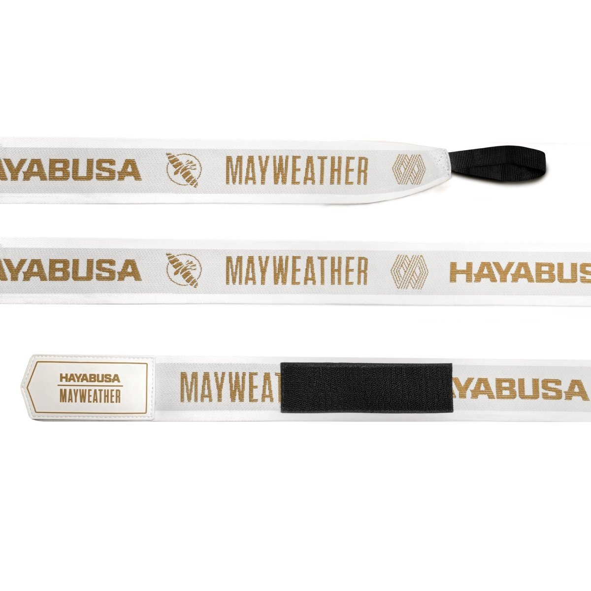 Bandagens de boxe brancas e douradas Mayweather Deluxe desenroladas mostrando o tecido técnico de náilon