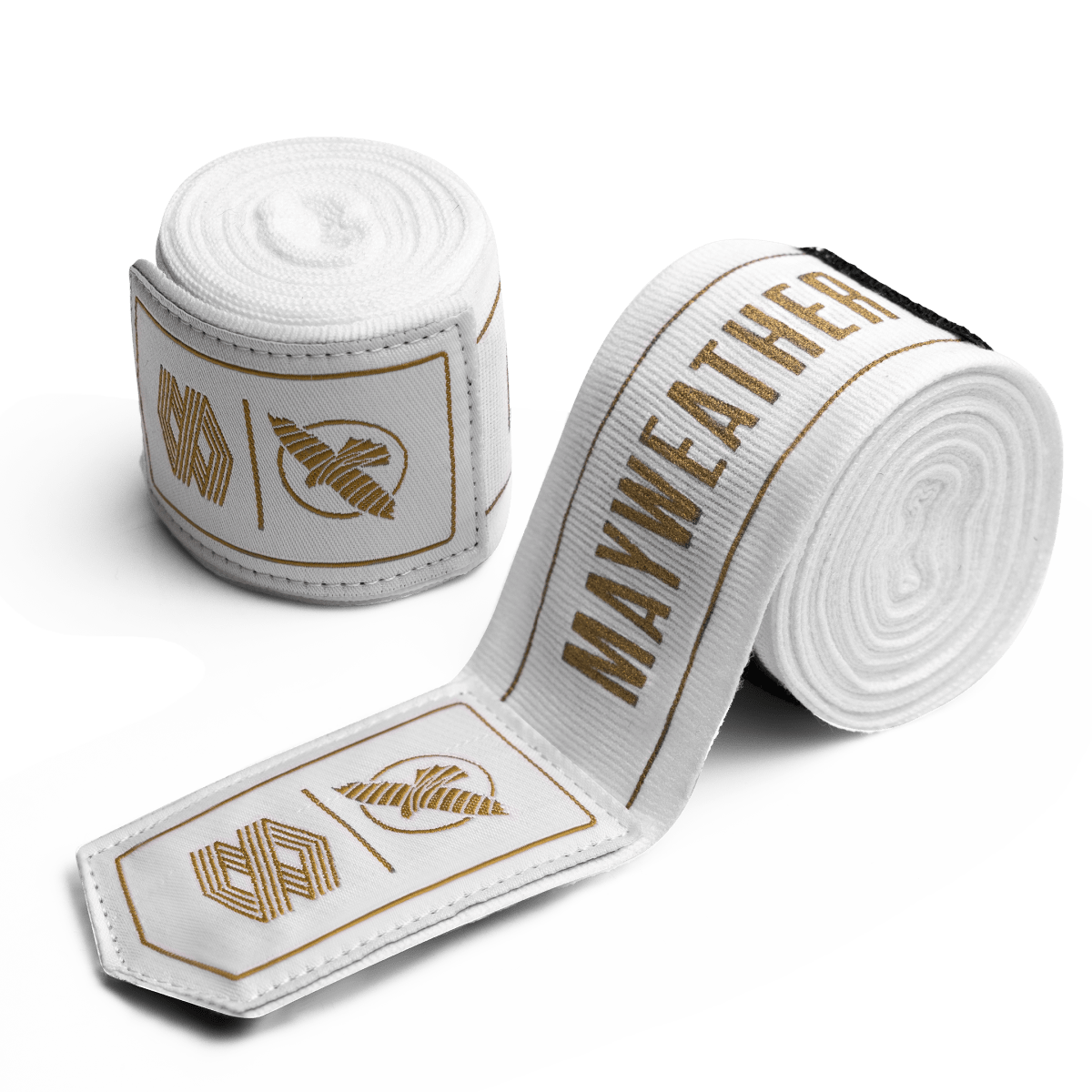 Par de bandagens elásticas enroladas de 180 polegadas Mayweather Hayabusa, branco limpo com detalhes e logotipos dourados 'MAYWEATHER' e 'TMOB'