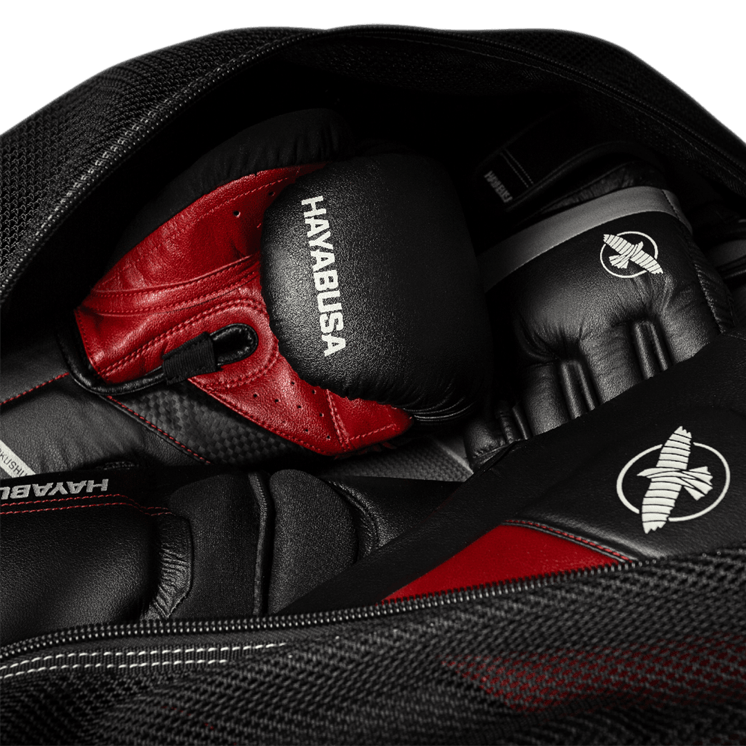View of the spacious interior of the Hayabusa Ryoko Mesh bag, with focus on the waterproof wet clothing pocket