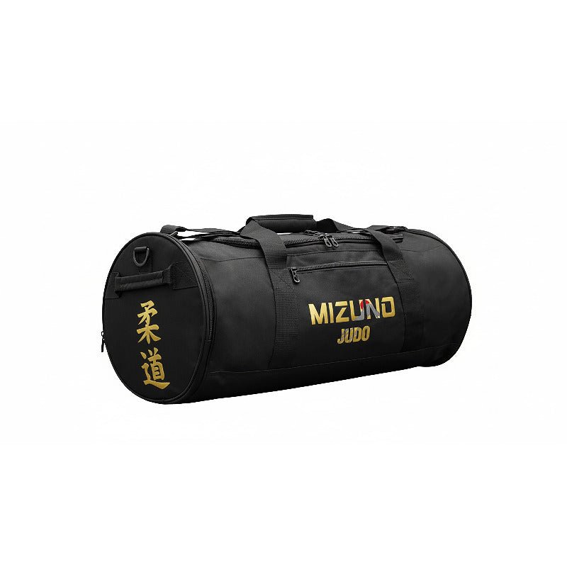 Schwarze Mizuno Fuji Judo-Tasche mit goldener Schrift und Kanji.