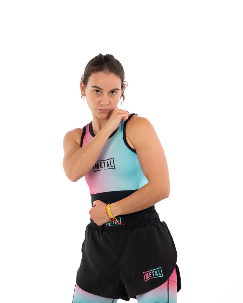 Front view of the Metal Boxe Women's Miami Vibe compression tank top with full belly and chest coverage
