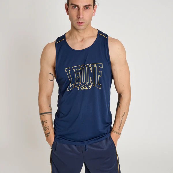 Front view of the blue Leone 1947 DNA sports tank top for intense training