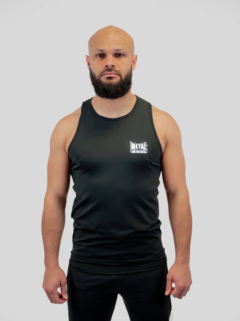 Vorderansicht des schwarzen technischen Tanktops Metal Boxe BF aus Lycra für das französische Boxen