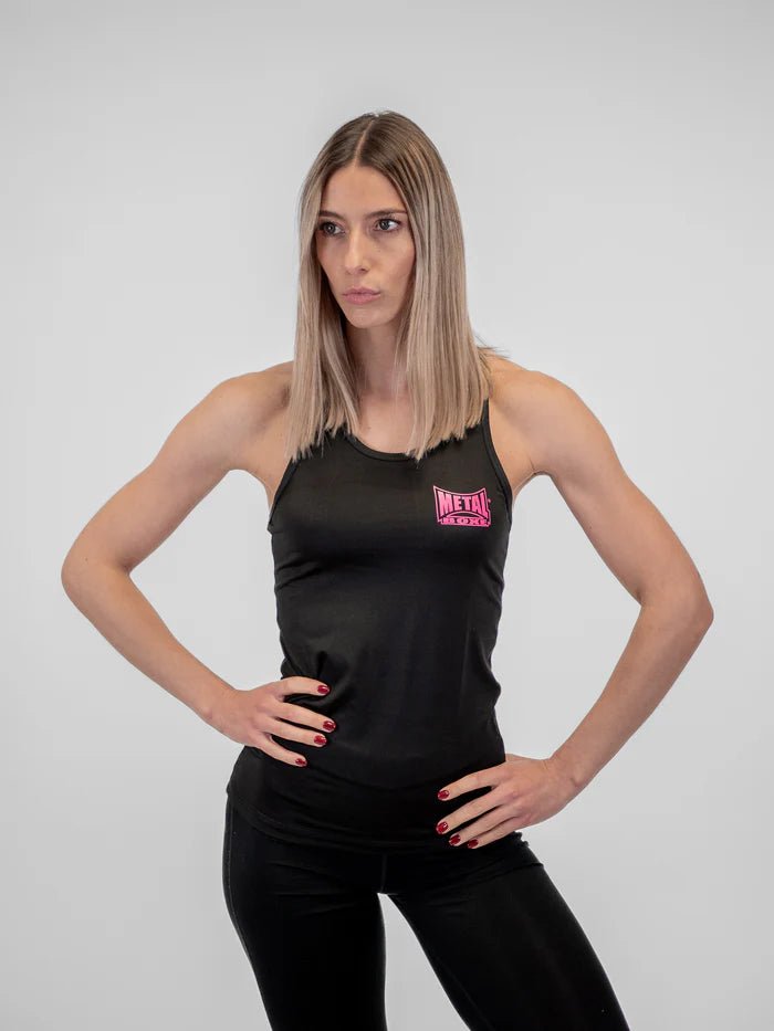 Tank top olahraga wanita tampak depan kain bernapas hitam Metal Boxe Water