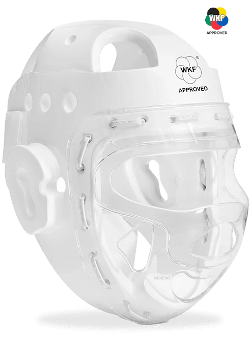 WKF menyetujui helm Karate Daedo dengan visor transparan untuk kategori U-14, tampak depan.