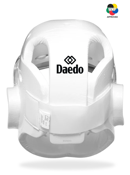 Chiusura posteriore a velcro regolabile del caschetto Daedo per una calzata sicura durante le gare di Karate.