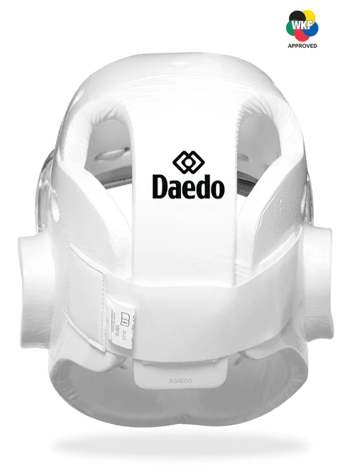 Penutupan velcro belakang helm Daedo yang dapat disesuaikan agar pas selama kompetisi Karate.