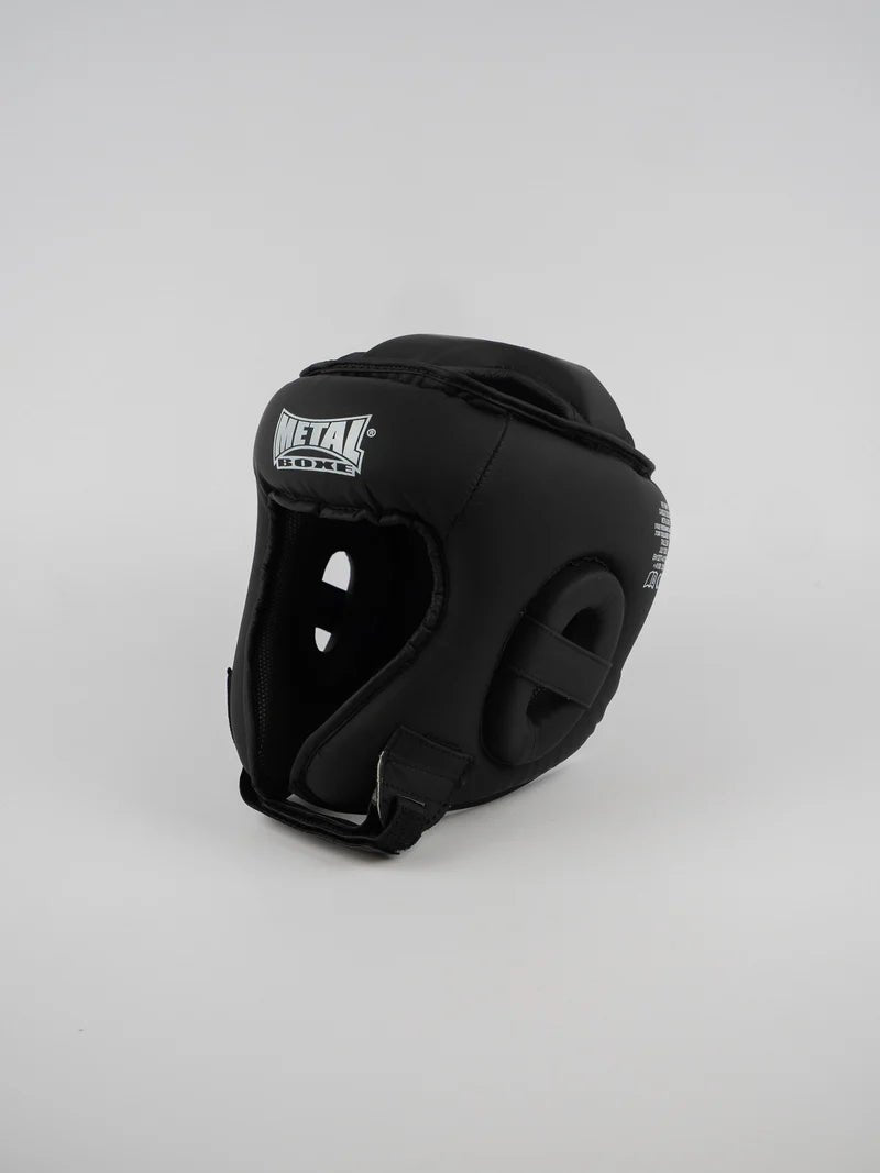 Vorderansicht des schwarzen Metal Boxe Competition Helms, eingespritzter Schaumstoff