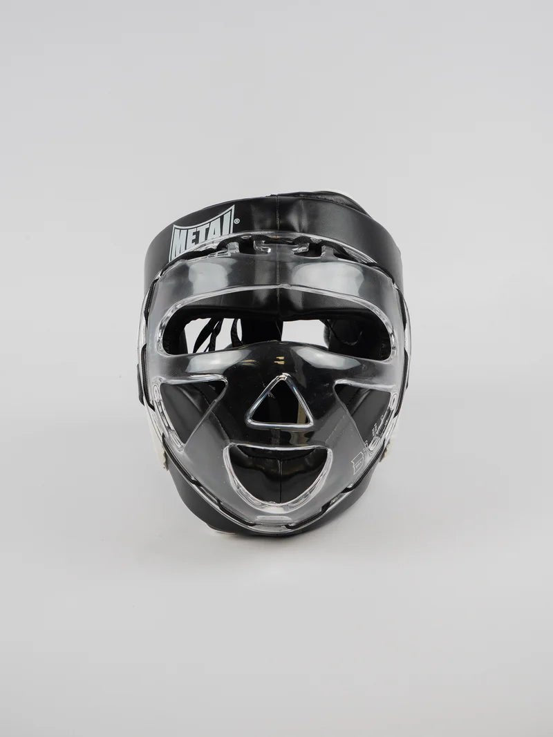 Front view of the Metal Boxing helmet with integral protective visor in polycarbonate