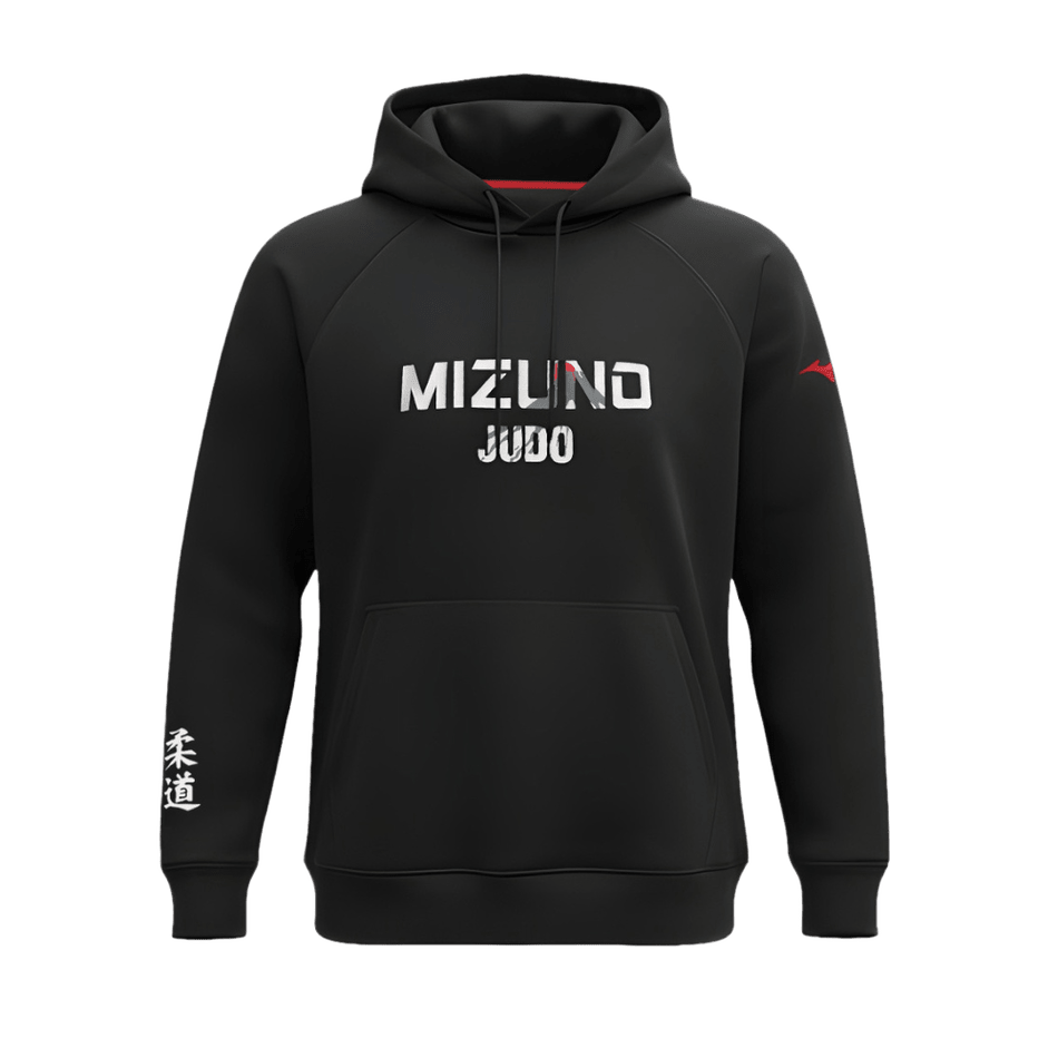 블랙 후드와 화이트 로고가 돋보이는 Mizuno Fuji Judo 스웨트셔츠.
