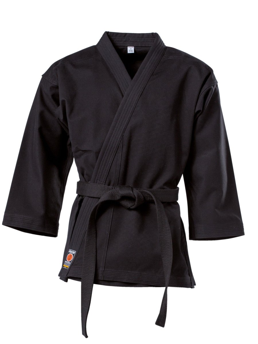 Tampilan depan jaket karate katun hitam tradisional 8 oz