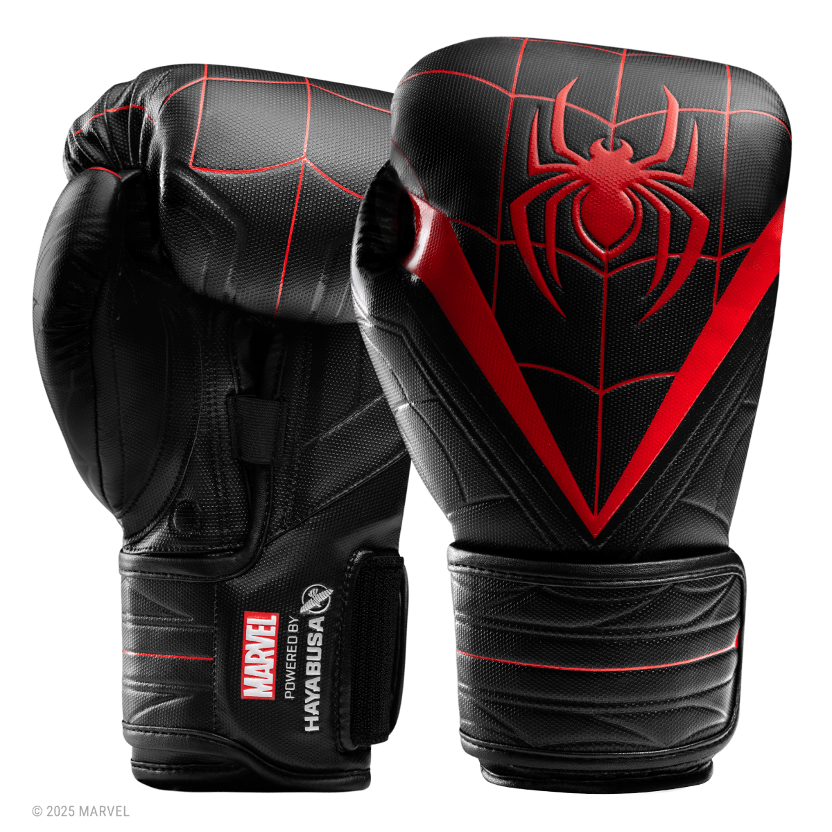Pair of Hayabusa Marvel Miles Morales Spider-Man Boxing Gloves, Black and Red Spider Web Design
