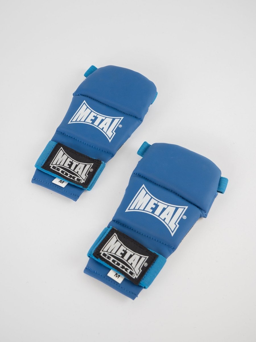 Vorderansicht, blaue Metall-Ju-Jitsu-Boxhandschuhe, ergonomisches Design für freies Kämpfen