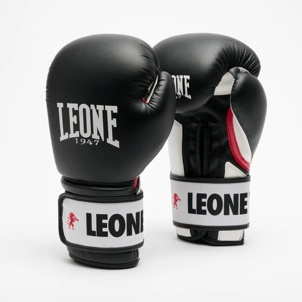 Pereche de mănuși de box negre LEONE Stripe '47 cu grafică albă emblematică