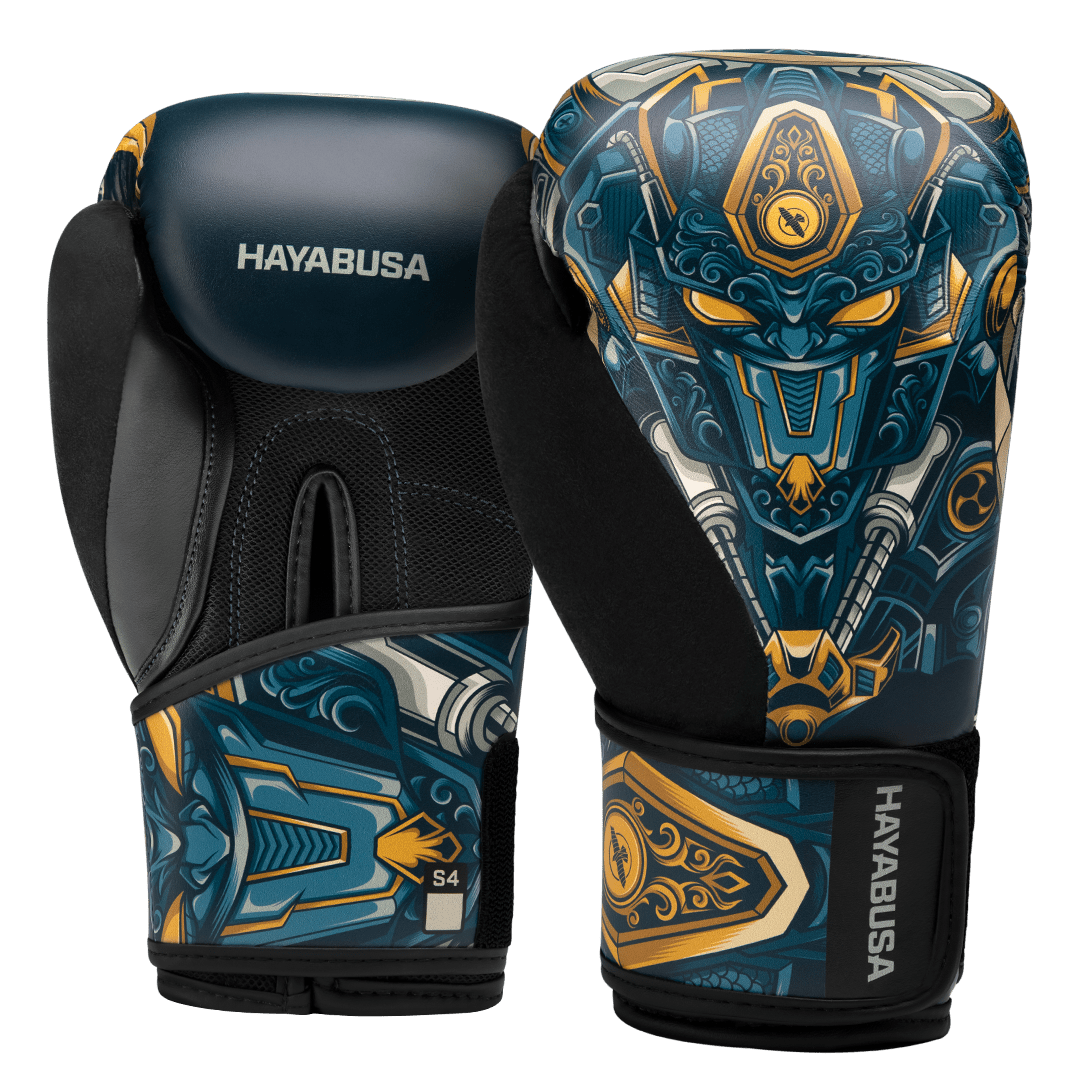 Par de luvas de boxe Hayabusa S4 Youth Epic para crianças com gráficos de robô espacial azul e amarelo