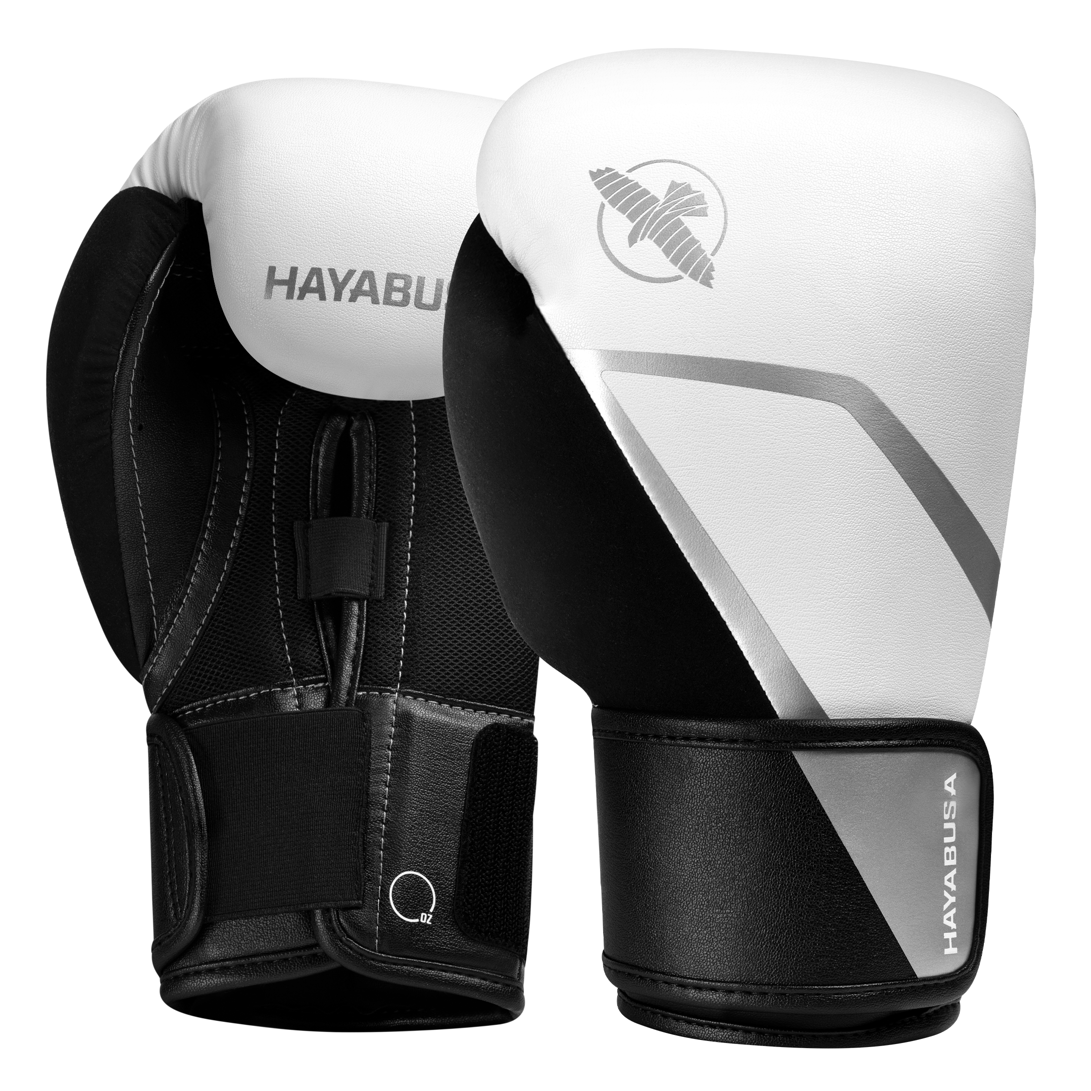 Coppia di guantoni da boxe Hayabusa E1 bianchi e argento, vista d'insieme