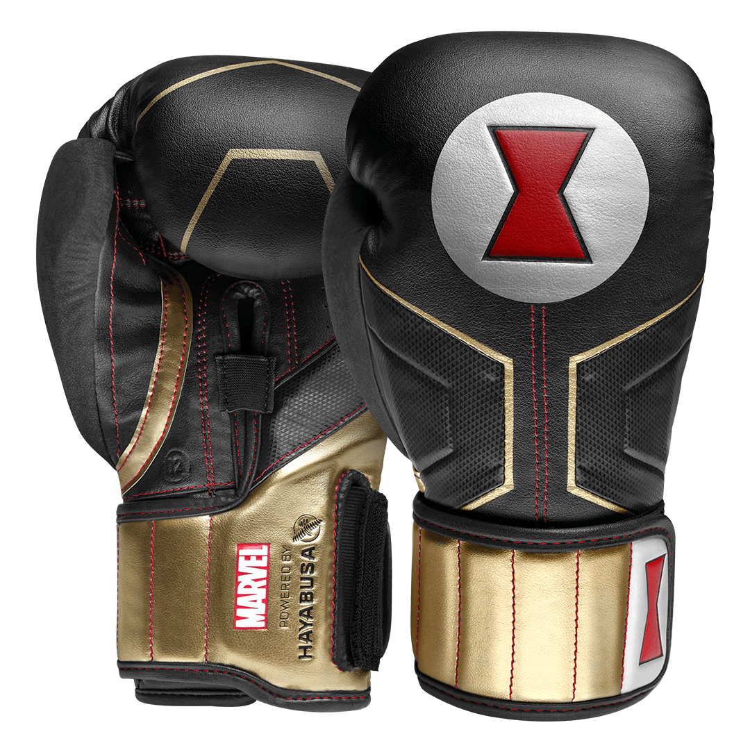Pair of Hayabusa Marvel Black Widow Hero Elite boxing gloves in black and red