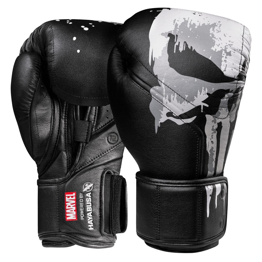 Pair of black Hayabusa Marvel Punisher boxing gloves, front view showing the full Frank Castle inspired design