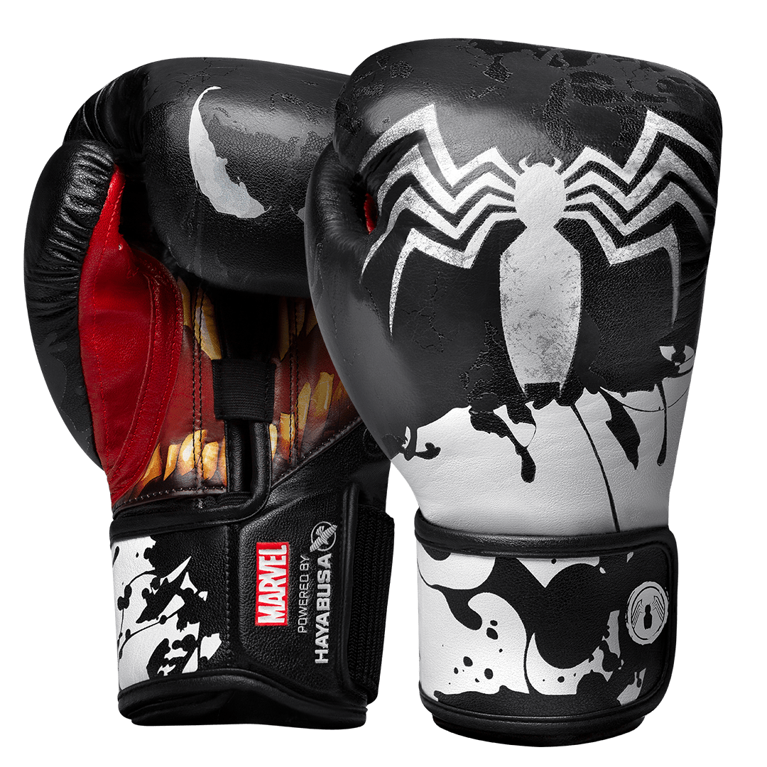 Pair of Hayabusa Marvel Venom Hero Elite Black and White Boxing Gloves