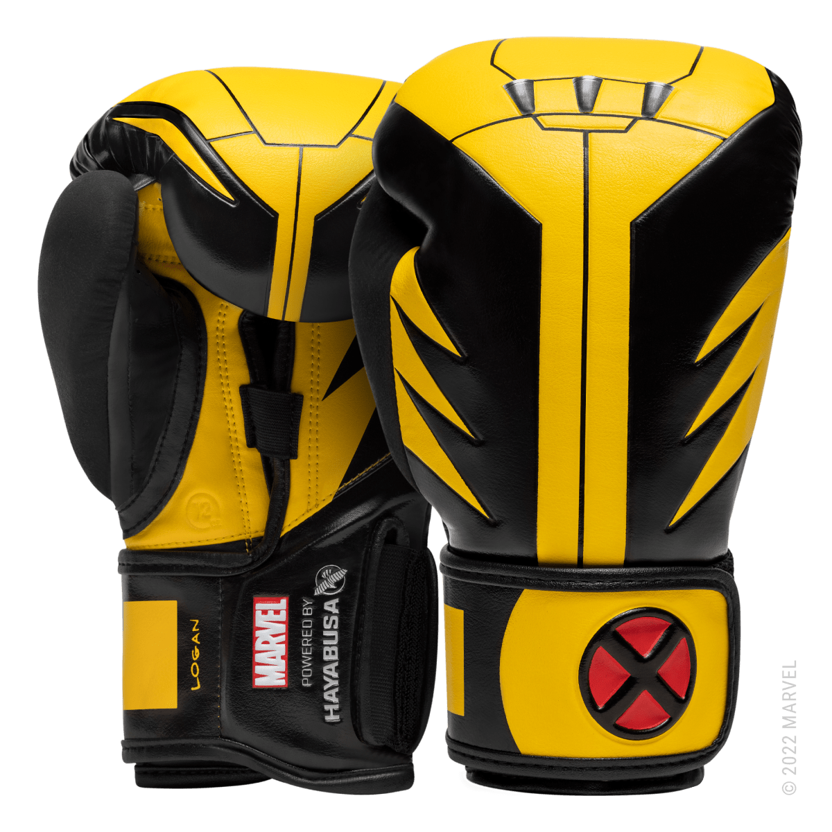 Pair of Hayabusa Marvel Wolverine Hero Elite yellow and black boxing gloves, overall view