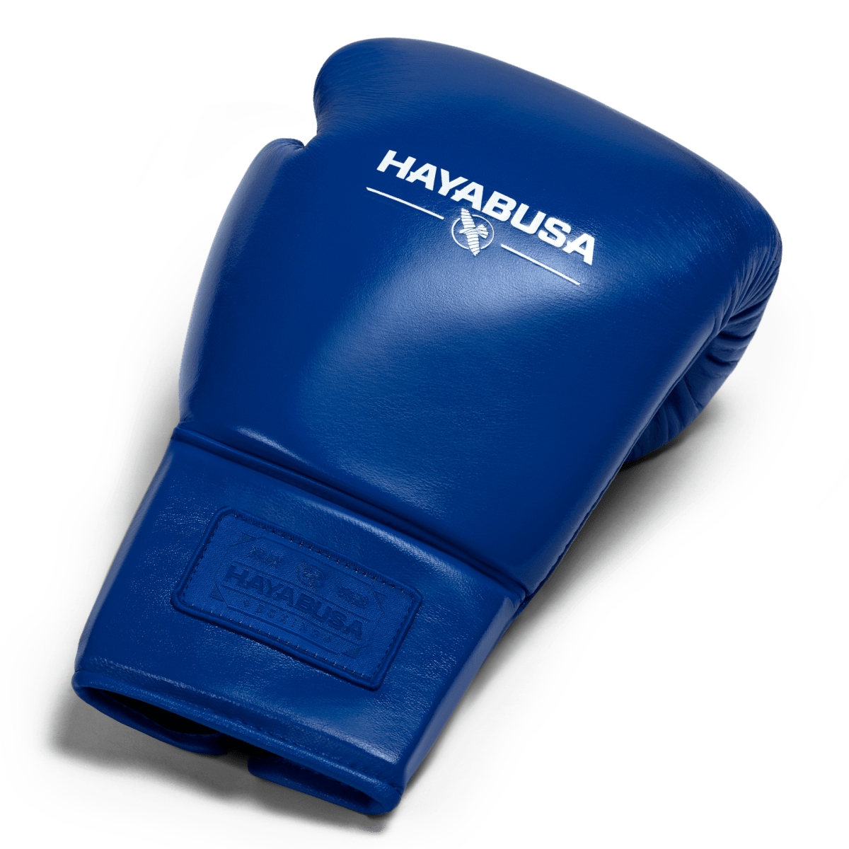 Top view of a single cobalt blue Hayabusa Pro Lace boxing glove, showing the padding and full grain leather