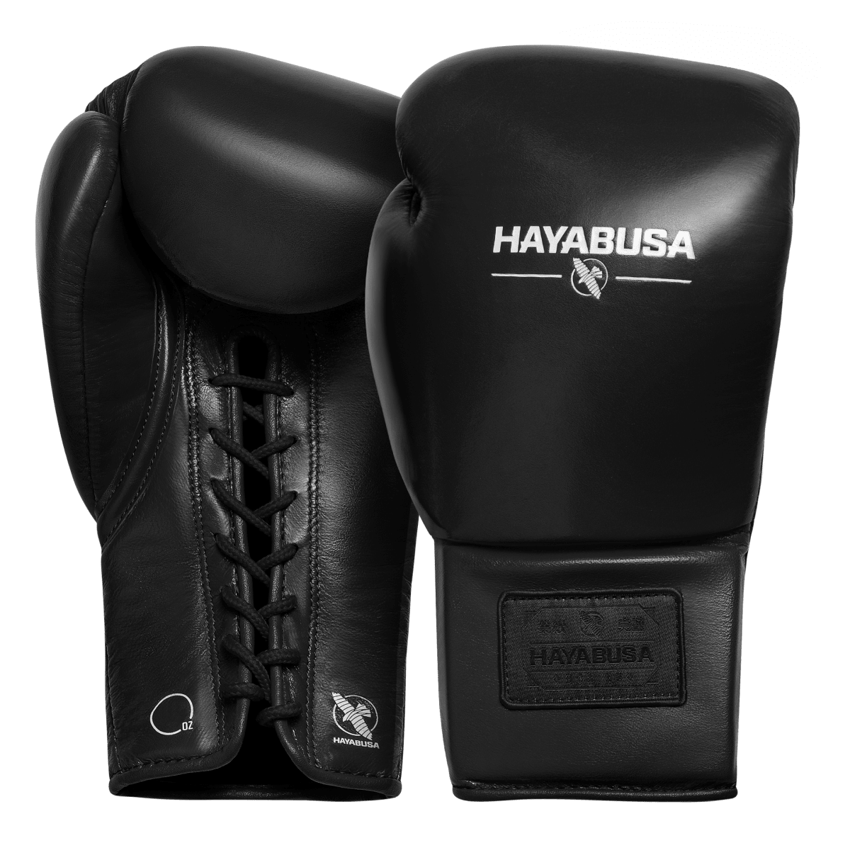 Pair of black Hayabusa Pro Lace boxing gloves, overall view with microfiber bag