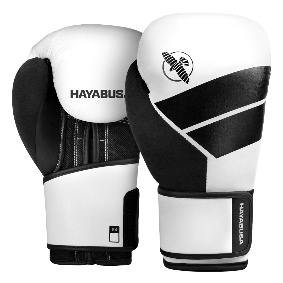 Pair of white Hayabusa S4 boxing gloves overall view