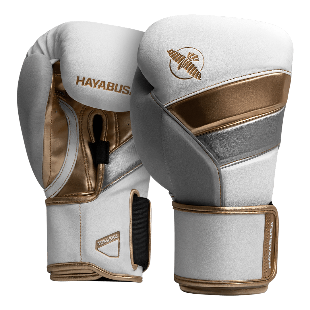 Coppia di guantoni da boxe Hayabusa T3 bianchi con dettagli oro