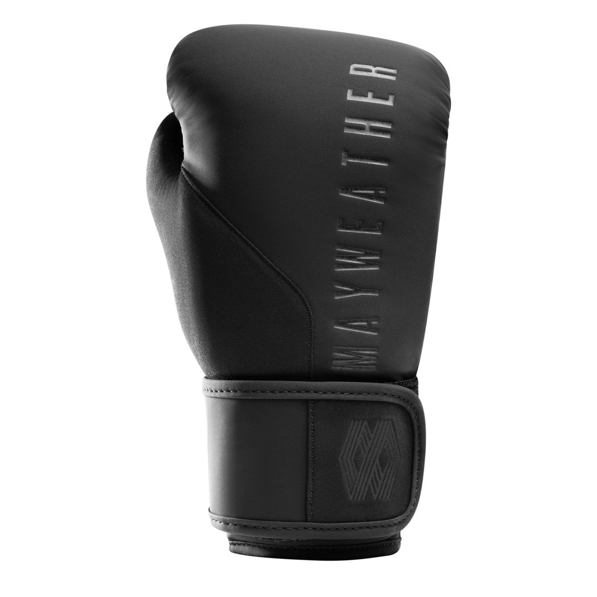 Detalhe do sistema de fechamento Dual-X e suporte de pulso Triple-Splint das luvas pretas Mayweather Champ