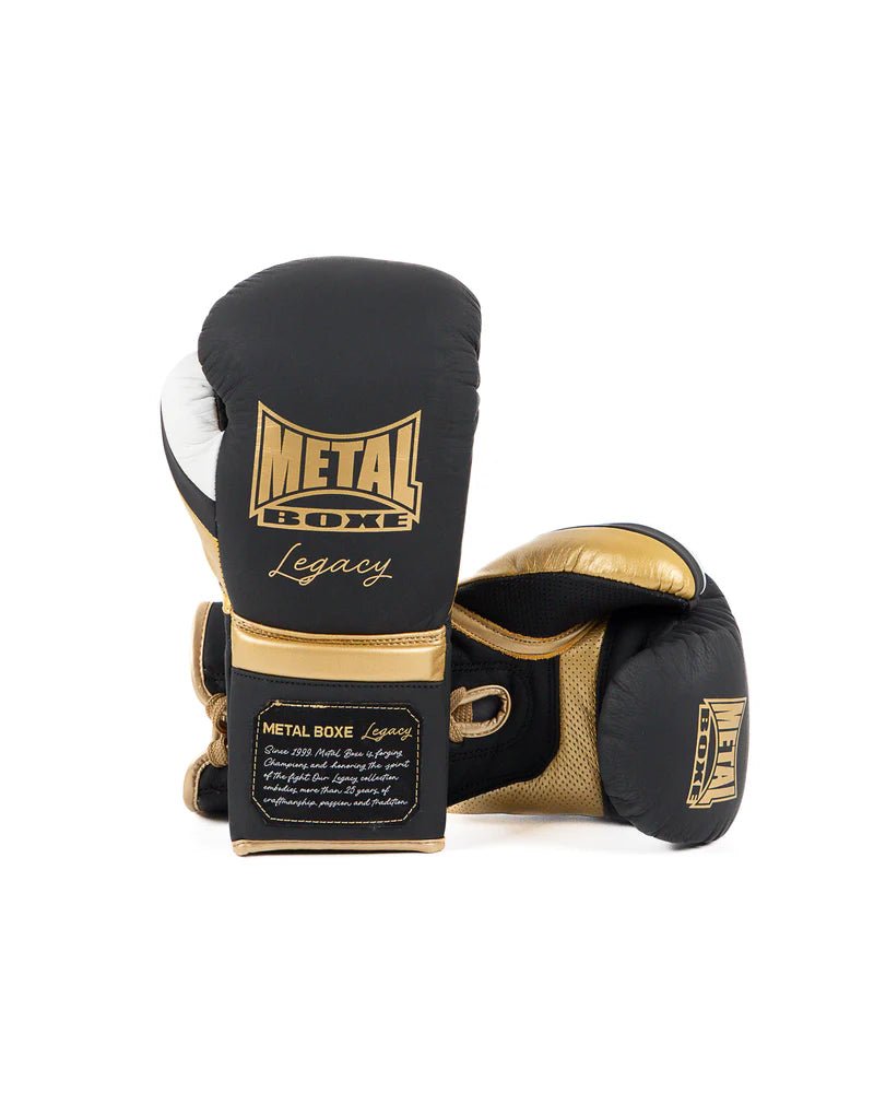 Par de luvas de crina de cavalo Legacy de boxe de metal preto, estilo mexicano com atacadores