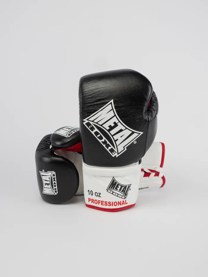 Vedere frontală a mănușilor profesionale din piele neagră Metal Boxing Pro Sirius