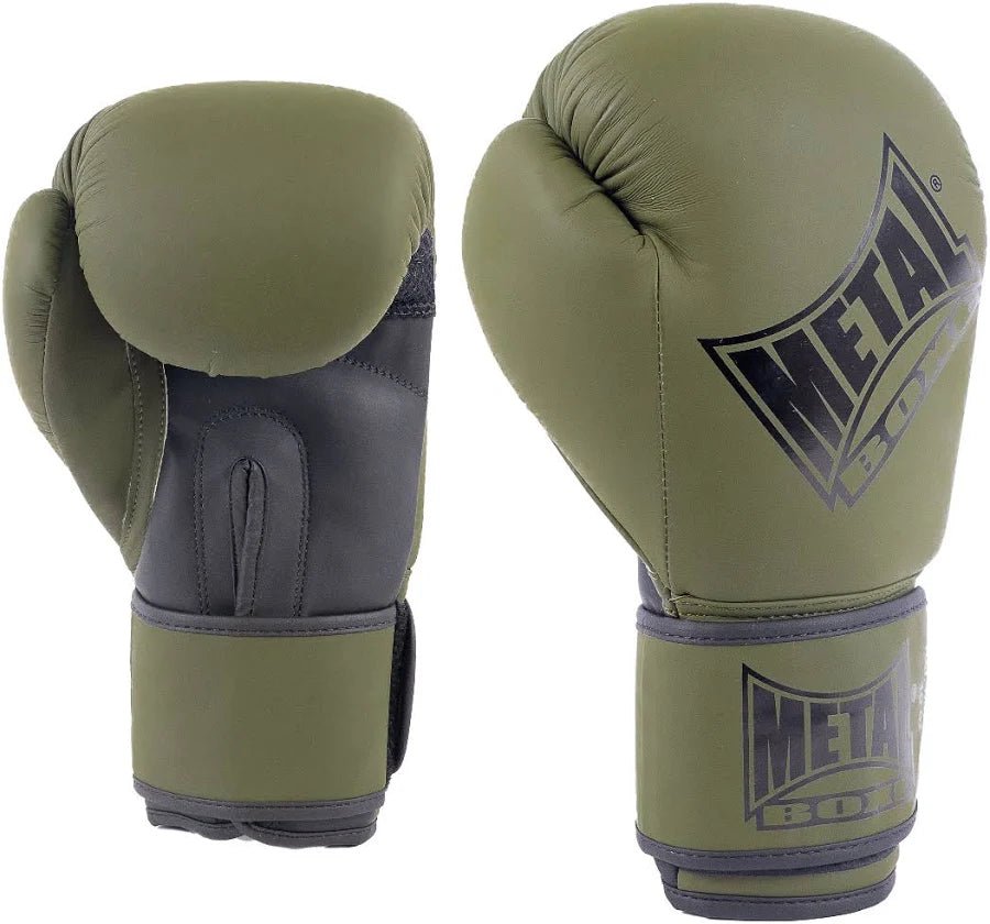 Vista frontal das Luvas de Boxe Metálicas MB200 verde, resistente em PU