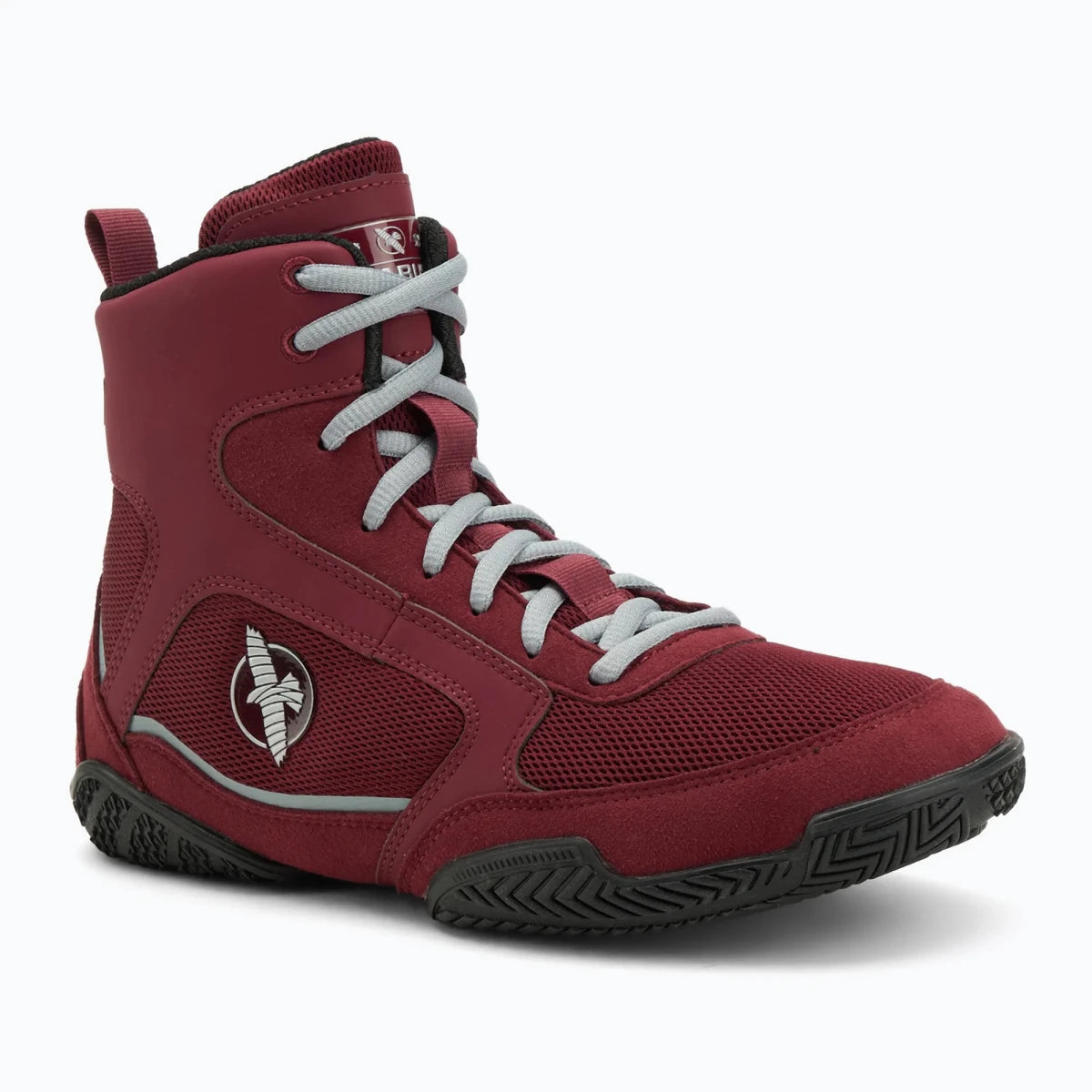 Tampilan Depan Sepatu Tinju Gaya Profesional Burgundy Hayabusa Pro.