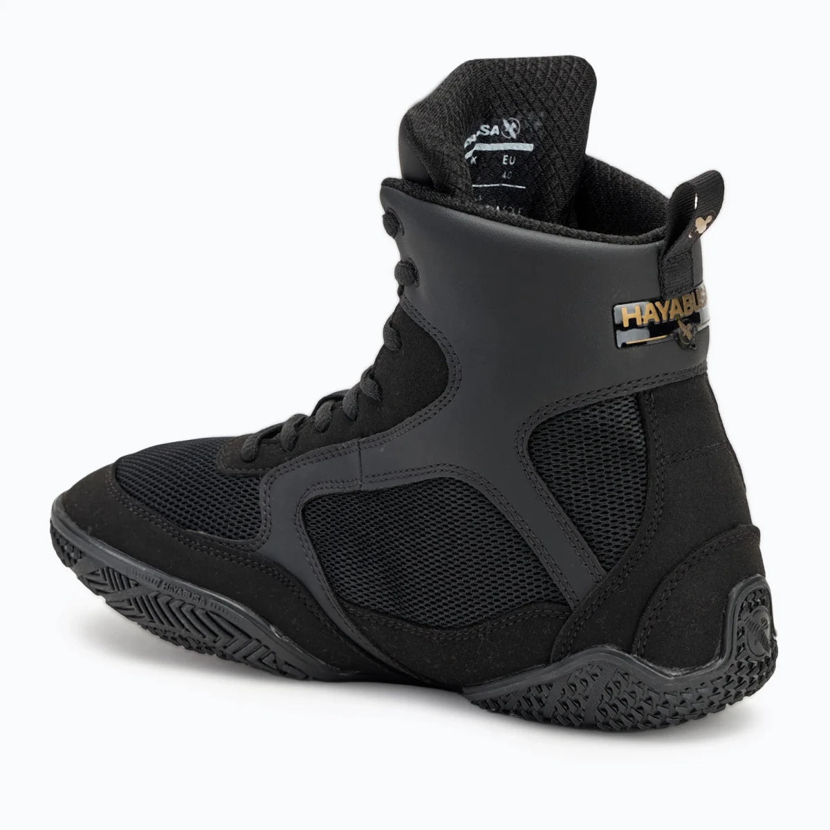 Desain teknis sepatu tinju Hayabusa Pro profil hitam dan emas.