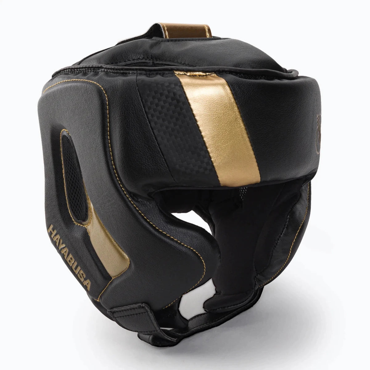 Hayabusa T3 black and gold helmet with cheek guards, special boxing edition.