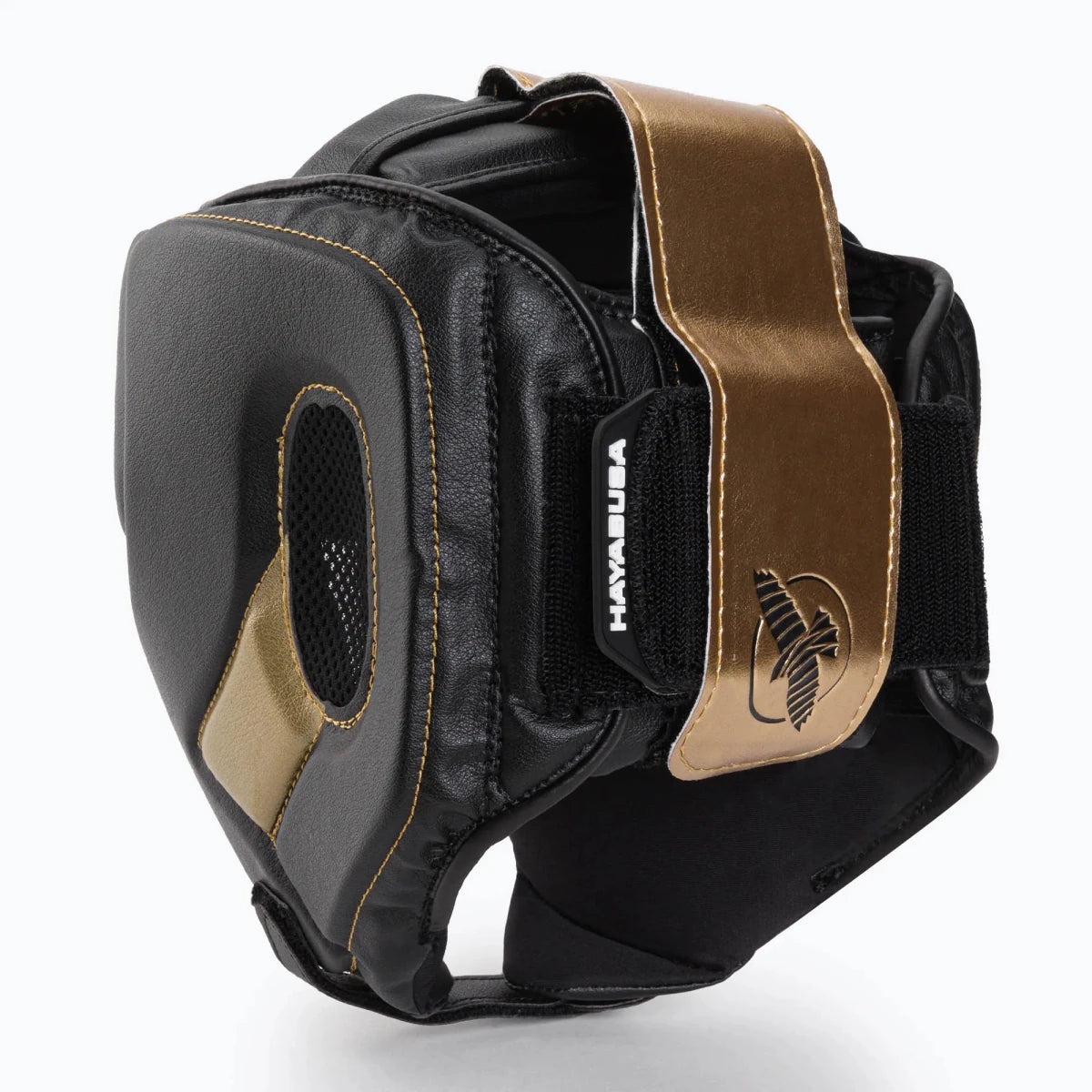 Professioneller schwarzgoldener Hayabusa T3-Helm mit T-Cross-Schnürsystem.