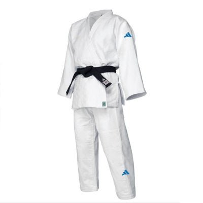 Judogi Adidas J730 Champion III Slimfit bílá se světle modrým logem plný přední pohled