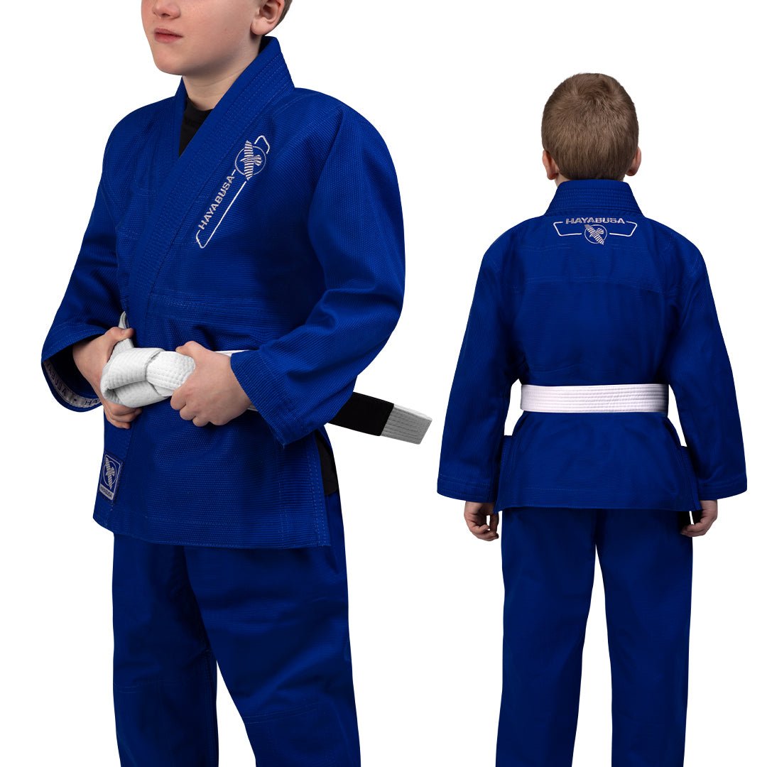 Kombinierte Vorder- und Rückansicht des königsblauen Hayabusa Essential Kids BJJ-Kimonos