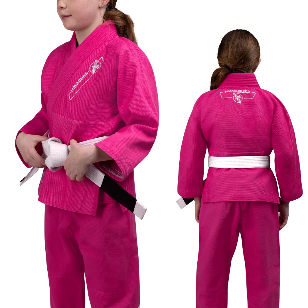 Kombinierte Vorder- und Rückansicht des rosa Hayabusa Essential Kids BJJ-Kimonos