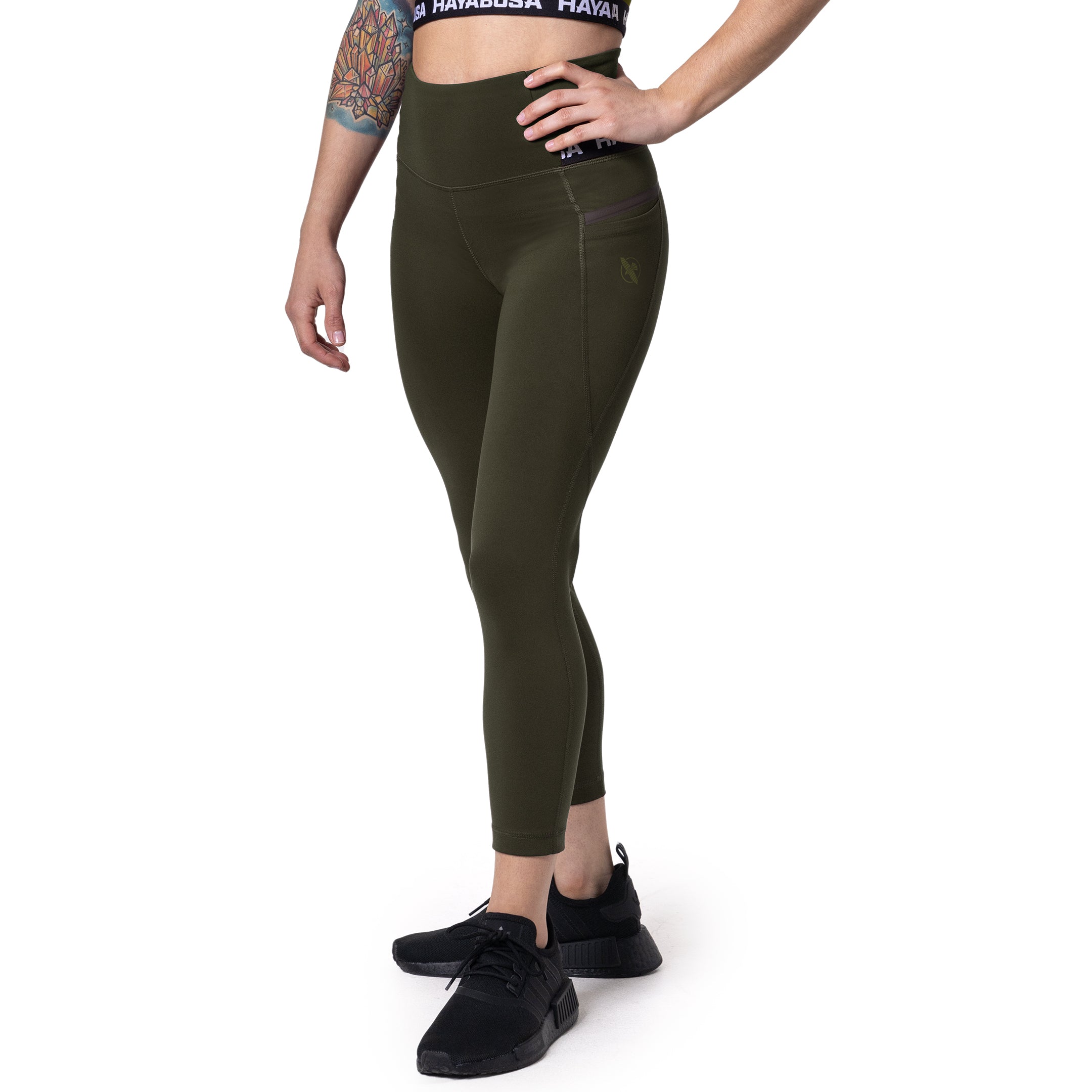 Vista frontale dei leggings 3/4 donna Hayabusa High Rise verde oliva