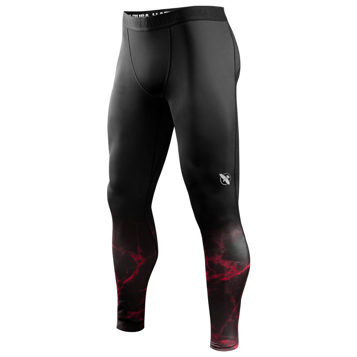 Vooraanzicht van de zwarte UFC BJJ Spats compressielegging met rode details en logo's