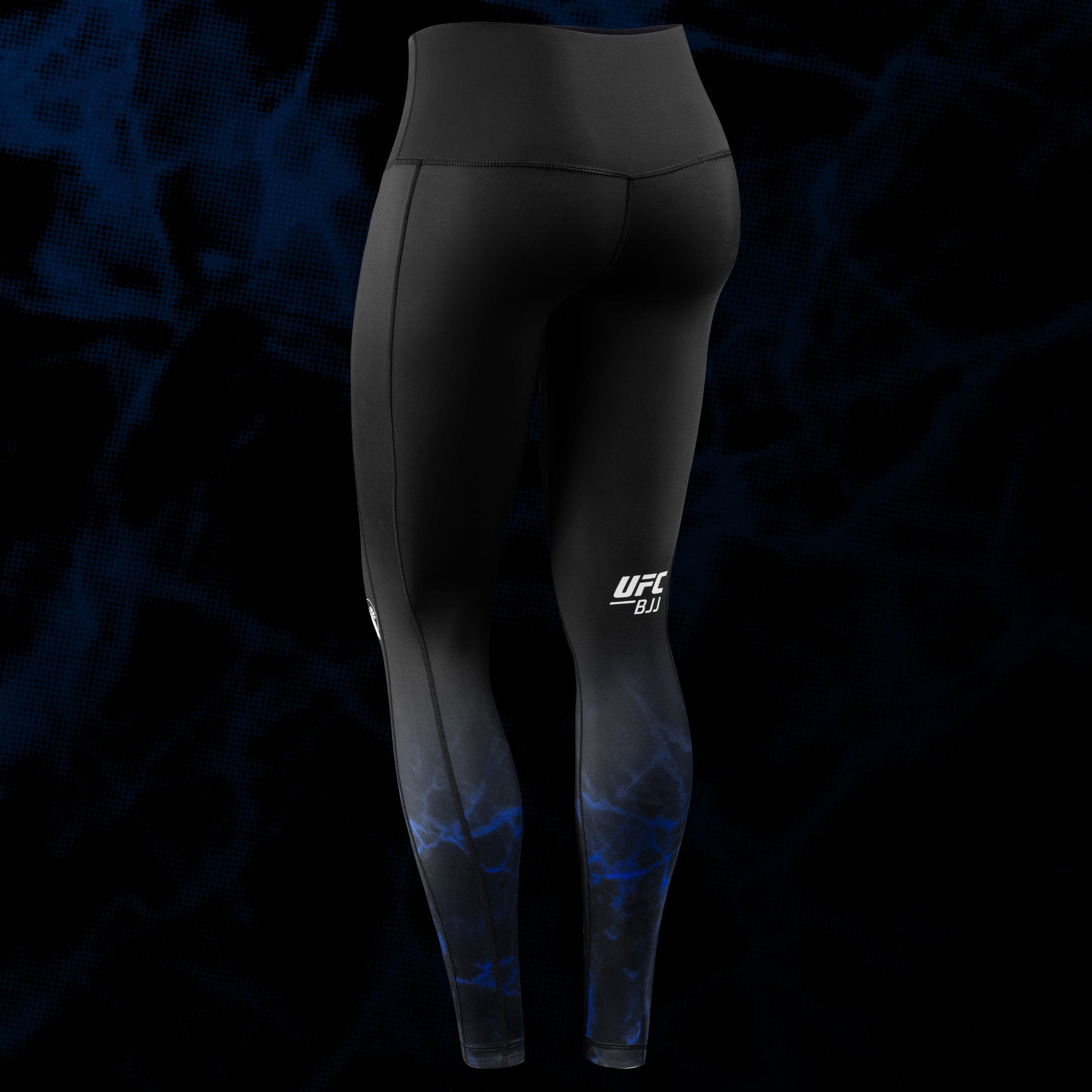 Vista posteriore dei leggings donna UFC BJJ neri e blu, evidenziando la fascia in vita elastica