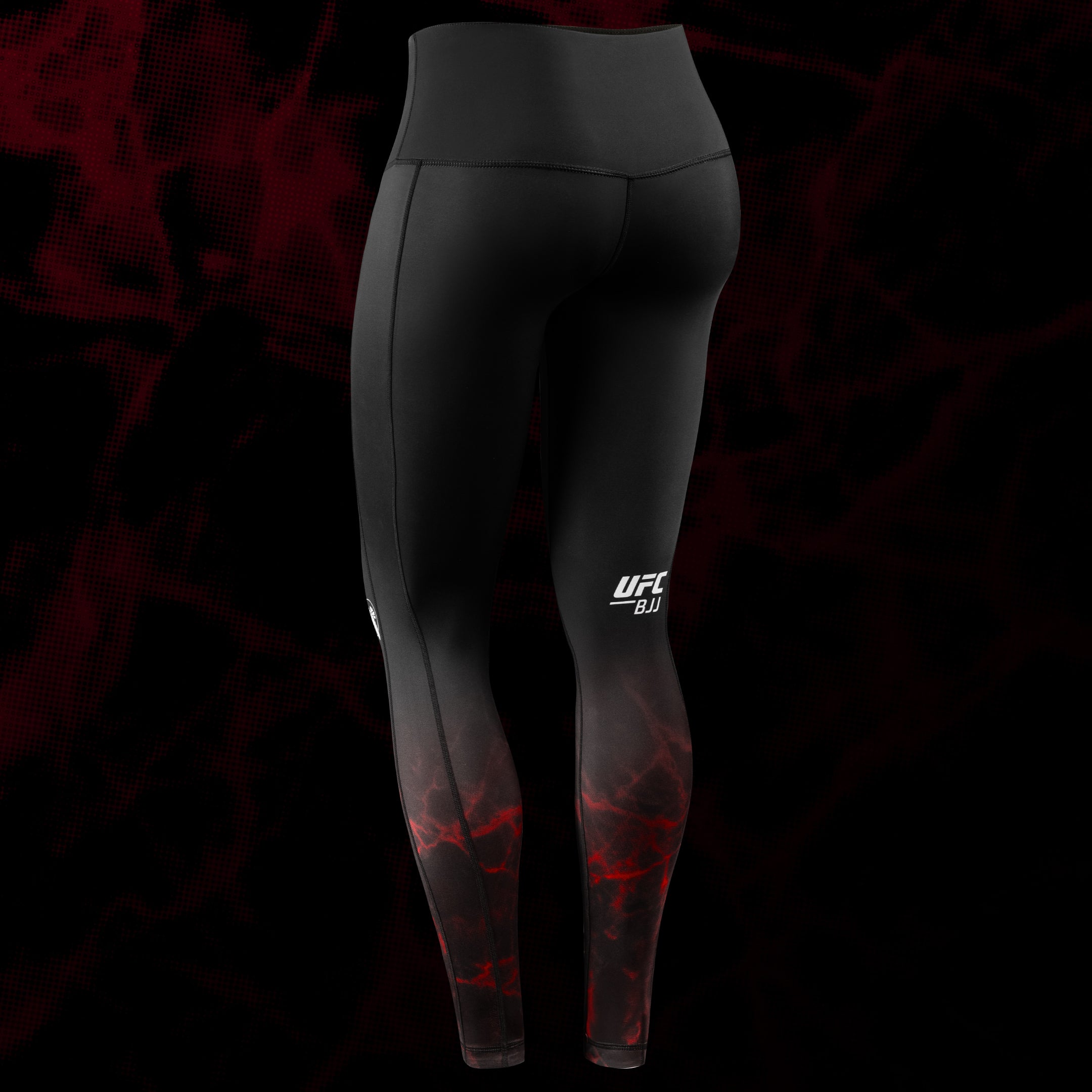 Vista posteriore dei leggings donna UFC BJJ neri e rossi, che mostra il taglio ergonomico e le cuciture piatte flatlock