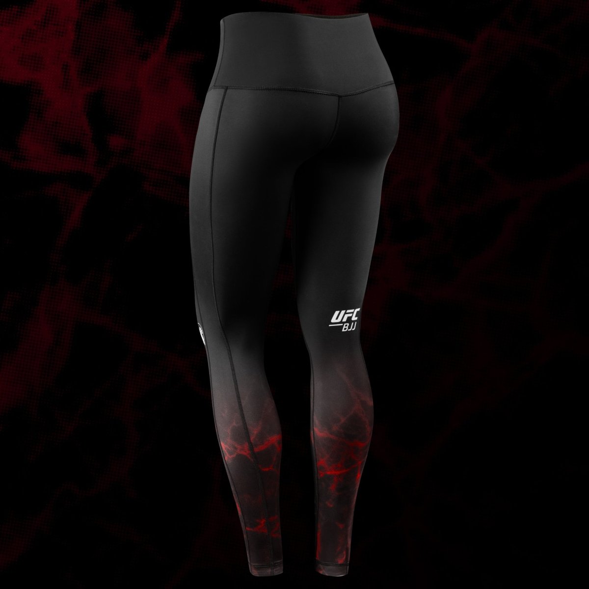 Vue arrière du legging UFC BJJ femme noir et rouge, montrant la coupe ergonomique et les coutures plates