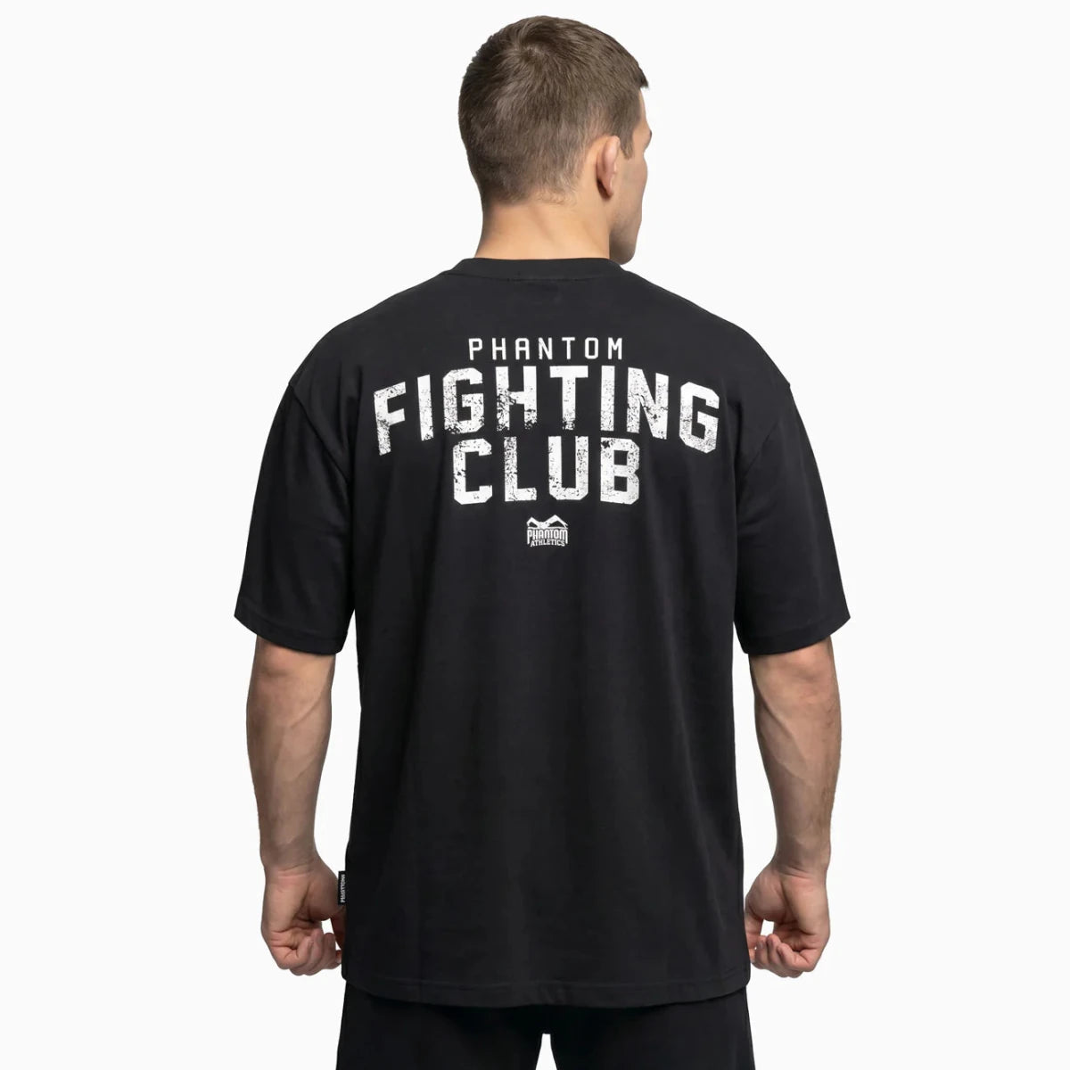 Zadní pohled na nadměrné černé tričko Phantom s velkou grafikou Fighting Club na zádech