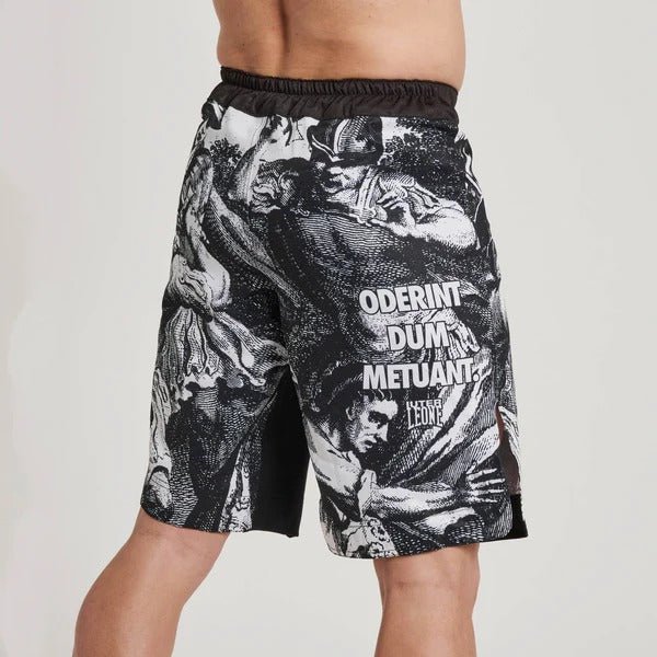 Detalhe traseiro do cós preto do short LEONE x IUTER MMA, com vista clean do painel central traseiro