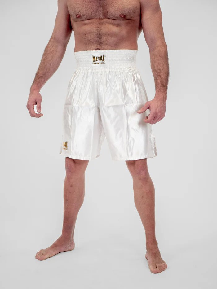 Front view English boxing shorts Metal Boxe Pro Line white and gold elegant style